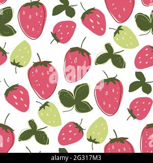 Cartoon strawberry summer fruit seamless pattern background. Cute sweet food fresh nature kids wallpaper design. Vector print graphic illustration. Stock Vector