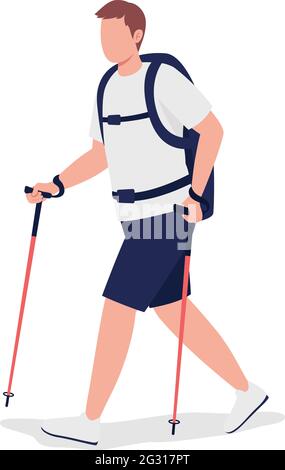 Man on nordic walk semi flat color vector character Stock Vector