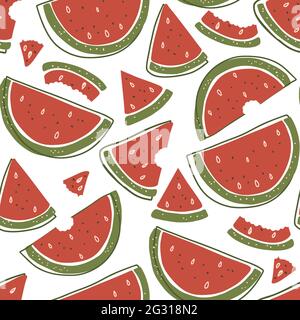 Cartoon watermelon summer fruit seamless pattern background. Cute sweet food fresh nature kids wallpaper design. Vector print graphic illustration. Stock Vector