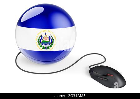 Computer mouse with Salvadoran flag. Internet network in El Salvador concept. 3D rendering isolated on white background Stock Photo