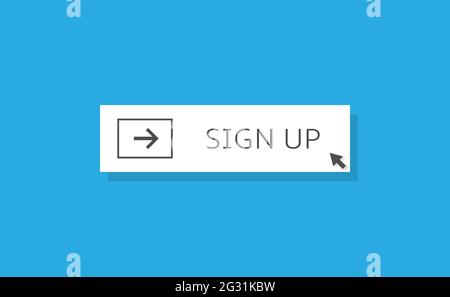 White square shape sign up button with gray arrow pointer for web and social networks on blue background Stock Vector