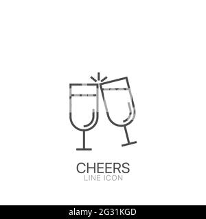 Glass cups cheers and toasting icon. Two wine glasses icon. ector outline and transparent illustration. Line sign. Editable stroke Stock Vector