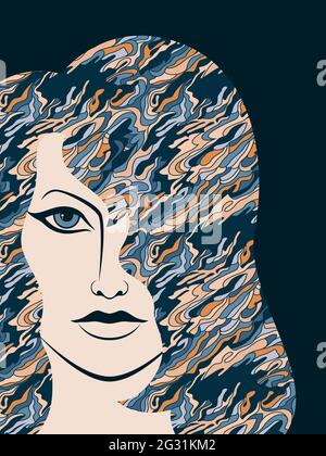 Charming and beautiful woman with magic hair in muted blue and orange hues Stock Vector