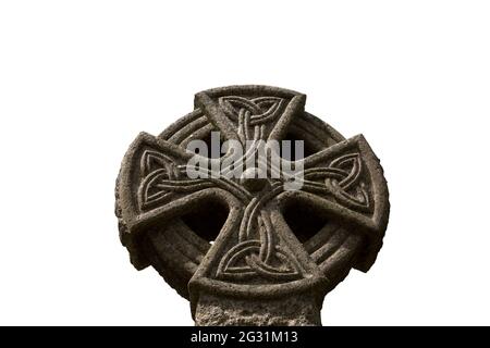 Celtic cross stone grave headstone isolated on a white background Stock Photo
