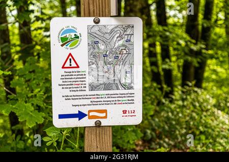 Signs on the Escardienne LEE Trail hiking trail near Lipperscheid, Luxembourg