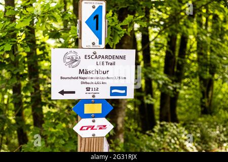 Signs on the Escardienne LEE Trail hiking trail. Walking from station to station is well signposted in Luxembourg. The lower sign 'CFL' is an indication that the route also passes through a train station. Throughout the country there are these CFL hiking trails with a train station at the beginning and at the end. So you can just get on and go back to the starting point for free Stock Photo