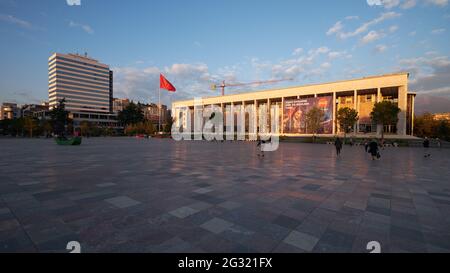 The Skanderberg Square in central Tirana, Albania. With the national opera and ballet theatre building Stock Photo