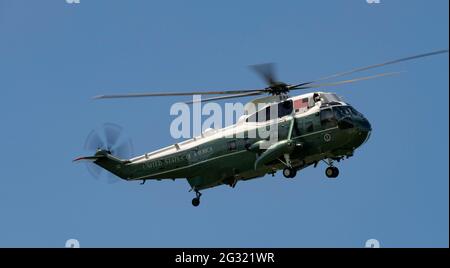 RNAS Culdrose, Helston, Cornwall, UK. 13th June, 2021. Sea King VH-3D aircraft of the Marine Helicopter 1 squadron assigned to Presidential transport duties Credit: Bob Sharples/Alamy Live News Stock Photo