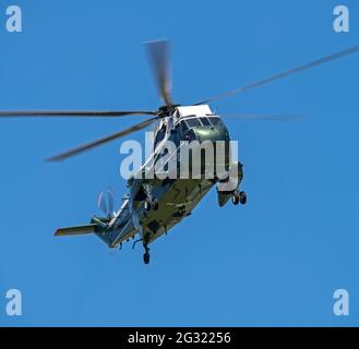 RNAS Culdrose, Helston, Cornwall, UK. 13th June, 2021. Sea King VH-3D aircraft of the Marine Helicopter 1 squadron assigned to Presidential transport duties Credit: Bob Sharples/Alamy Live News Stock Photo
