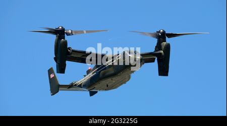 RNAS Culdrose, Helston, Cornwall, UK. 13th June, 2021. MV-22B Osprey aircraft of the Marine Helicopter 1 squadron assigned to Presidential transport protection duties of the designated Sea King VH-3D 'Marine1' Credit: Bob Sharples/Alamy Live News Stock Photo