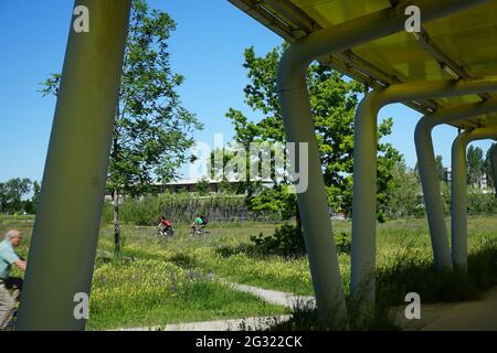 The Campeon (a portmanteau of Campus and Infineon - INTEL) is an office complex embedded in a large public landscape park with water areas. Stock Photo