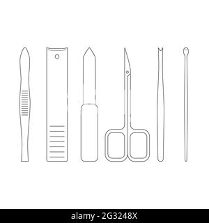 Manicure kit contains tools for hand care, facial care and foot. Vector outline icons. Stock Vector