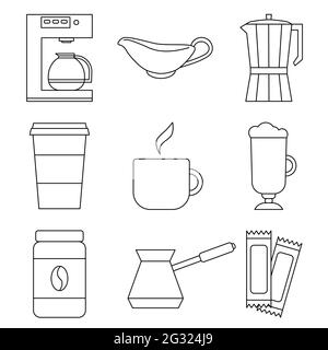 Set of 9 coffee vector icons. Outline icons such as coffee machine, milk cream, kettle, turkish coffee pot and can of coffee. Stock Vector