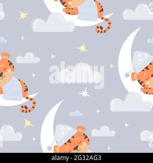 Seamless pattern with cute sleeping tiger. animal in blue nightcap and blanket sleeps on the moon on a light purple background with clouds and stars. Stock Vector