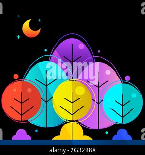 deep fairy forest silhouette at night, fireflies in the summer Stock Vector