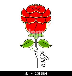 Deep red, ruby rose flower with green leaves, sketch style vector illustration isolated on white background. Realistic hand drawing of open red rose Stock Vector