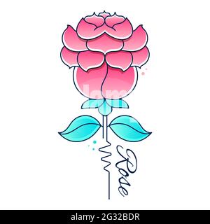 Deep red, ruby rose flower with green leaves, sketch style vector illustration isolated on white background. Realistic hand drawing of open red rose Stock Vector