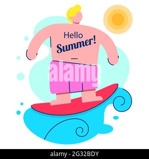Surf logo or emblem design. Surfer rides on a wave and lettering Surf with me. Isolated on white background. Only free font Stock Vector