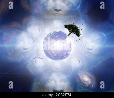 Angels over Earth. Spiritual composition. 3D rendering. Stock Photo