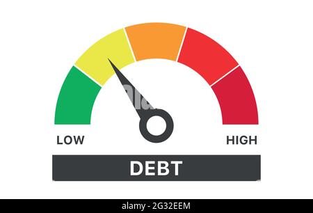 Speedometer scale with arrow from green to red. Debt measuring device icon. Sign tachometer, speedometer Stock Vector