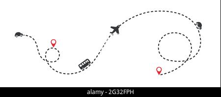 World map whit dashed trace line and airplanes flying, bus driving. Travel concept. Vector Stock Vector