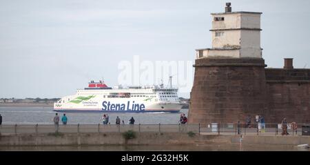 Norbank, a roll-on, roll-off vessel coming from and returning to Dublin operated by P&O European Ferries (Irish Sea). Passing Fort Perch Rock Stock Photo