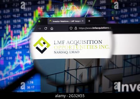 LMF Acquisition company logo on a website with blurry stock market developments in the background, seen on a computer screen Stock Photo
