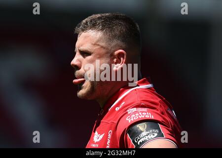 Llanelli, UK. 13th June, 2021. Rob Evans of Scarlets looks on. Guinness Pro14 Rainbow Cup match, Scarlets v Edinburgh Rugby at the Parc y Scarlets Stadium in Llanelli, South Wales on Sunday 13th June 2021. pic by Andrew Orchard/Andrew Orchard sports photography/Alamy Live news Credit: Andrew Orchard sports photography/Alamy Live News Stock Photo