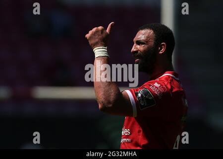 Llanelli, UK. 13th June, 2021. Uzair Cassiem of Scarlets looks on. Guinness Pro14 Rainbow Cup match, Scarlets v Edinburgh Rugby at the Parc y Scarlets Stadium in Llanelli, South Wales on Sunday 13th June 2021. pic by Andrew Orchard/Andrew Orchard sports photography/Alamy Live news Credit: Andrew Orchard sports photography/Alamy Live News Stock Photo