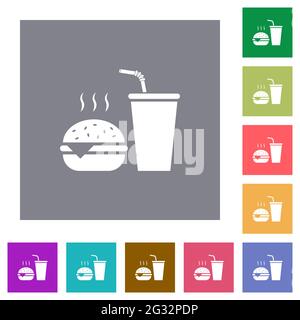 Fast food menu with cheeseburger and drink flat icons on simple color square backgrounds Stock Vector