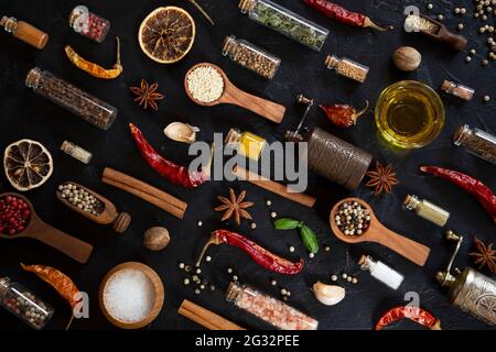 Various spices on black background Stock Photo