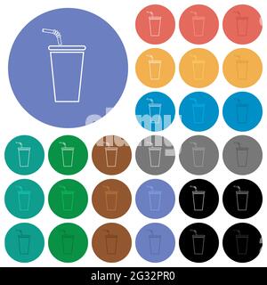 Disposable drinking cup with straw multi colored flat icons on round backgrounds. Included white, light and dark icon variations for hover and active Stock Vector