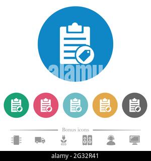 Note tagging flat white icons on round color backgrounds. 6 bonus icons included. Stock Vector