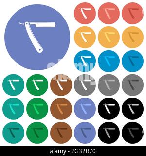 Straight razor multi colored flat icons on round backgrounds. Included white, light and dark icon variations for hover and active status effects, and Stock Vector