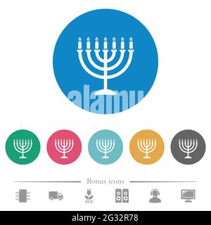 Menorah with burning candles flat white icons on round color backgrounds. 6 bonus icons included. Stock Vector
