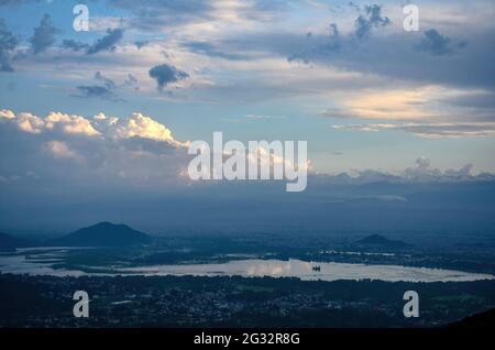 Kashmir, India. 13th June, 2021. An aerial view of world famous Dal lake during a cloudy evening on the outskirts of Srinagar. (Photo by Saqib Majeed/SOPA Images/Sipa USA) Credit: Sipa USA/Alamy Live News Stock Photo