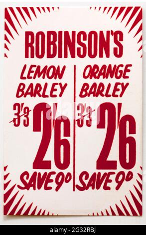 Vinatge 1960s Shop Advertising Price Display Card - Robinsons Lemon Orange Barley Water Stock Photo