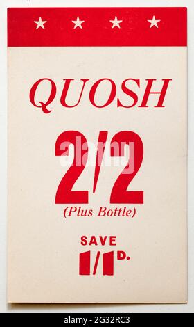 Vinatge 1960s Shop Advertising Price Display Card - Quosh Stock Photo