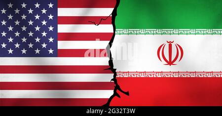 Iran Vs US Conflict Representation with Flags and crack in between them. Modern abstract war media backdrop Stock Photo