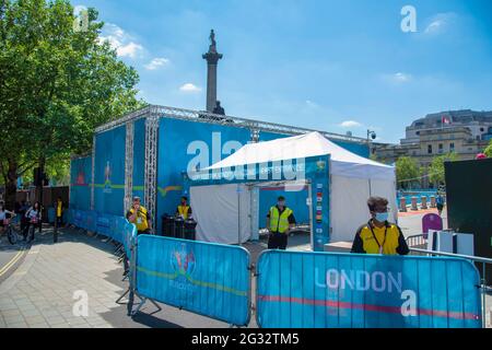 London, UK. 13th June, 2021. The top half of Nelson's Column seen above the UEFA festival Fan Zone in Trafalgar Square, London. Credit: SOPA Images Limited/Alamy Live News Stock Photo