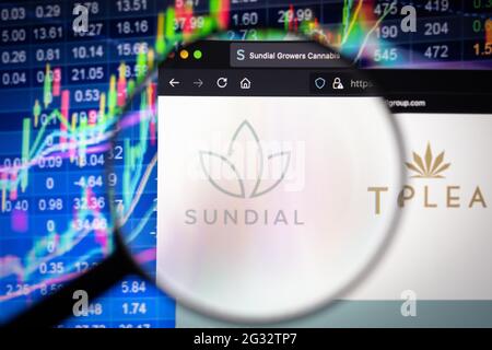 Sundial  company logo on a website with blurry stock market developments in the background, seen on a computer screen through a magnifying glass Stock Photo