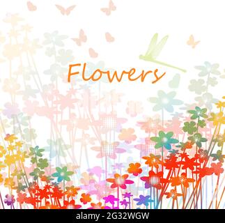 The background is a postcard with small and multicolored flowers. Summer. Multicolored meadow with flying butterflies . Vector illustration Stock Vector