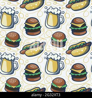 Seamless vector pattern of cups of beer, hot dogs and burgers made of simple illustrations. Stock Vector