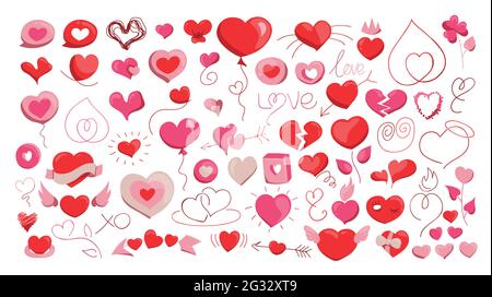 Various shapes and forms of heart shapes, vector illustrations set, collection of hand drawn clip art drawings and elements. Stock Vector