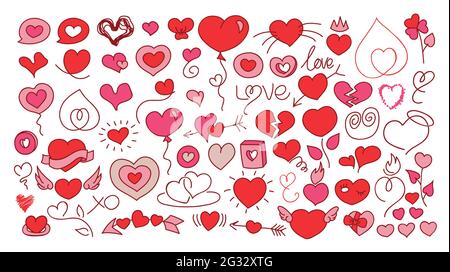 Various shapes and forms of heart shapes, vector illustrations set, collection of hand drawn clip art drawings and elements. Stock Vector