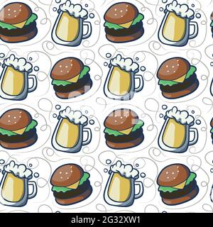 Seamless vector pattern of cups of beer and burgers made of simple illustrations. Stock Vector