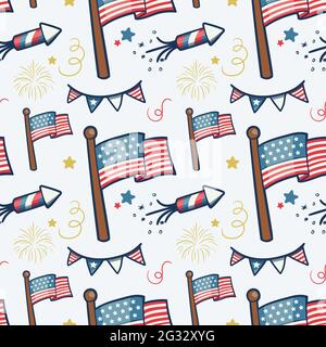 Seamless vector pattern of 4th of July, Independence Day of the United States of America celebration themed simple flags and fireworks doodles. Stock Vector