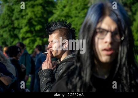 Moscow, Russia. 1st of June, 2021 Traditional meeting of fans of the hippie subculture in the Tsaritsyno Park of Moscow, Russia. Several dozen of people from differen subcultures take parts of the open air to enjoy alternative arts and music Stock Photo