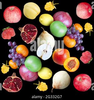 Seamless colorful pattern with different fruits on a black background Stock Photo