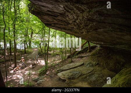 Couple walking their dogs on a Chattahoochee River trail in Sandy Springs, GA, beneath a rock ledge thought to be an ancient Native American shelter. Stock Photo